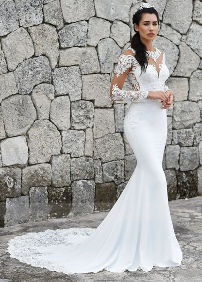 Elegant Scoop Mermaid Wedding Dresses Long Sleeves Illusion Back Buttons Lace Applique Train Gown The Clothing Company Sydney