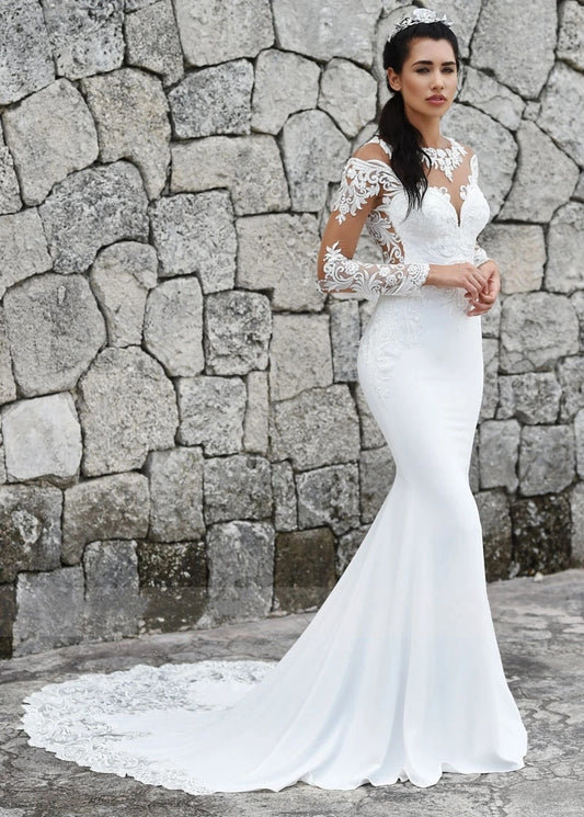 Elegant Scoop Mermaid Wedding Dresses Long Sleeves Illusion Back Buttons Lace Applique Train Gown The Clothing Company Sydney