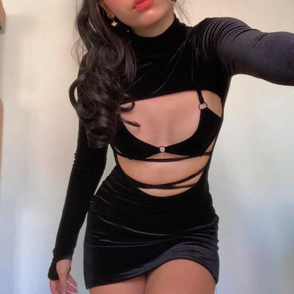 Two Piece Set Women Turtleneck Cut Out Long Sleeve Split Mini Dress+Bandage Lace Up Bra Autumn Goth Y2K Outfit The Clothing Company Sydney