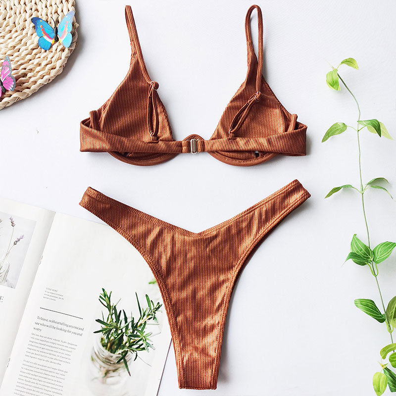 Neon V-bar Underwired Bikini Ribbed Swimsuit Women Thong Swimwear Two-pieces Bikini set Push up Bathing Suit The Clothing Company Sydney