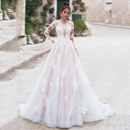 Boho A-line Wedding Dresses Pink Long Sleeves Lace Appliques Tull Bridal Dress Wedding Gown The Clothing Company Sydney
