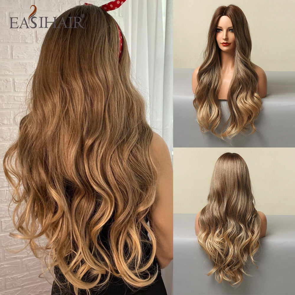 Ombre Brown Light Blonde Platinum Long Wavy Middle Part Hair Wig Cosplay Natural Heat Resistant Synthetic Wig for Women The Clothing Company Sydney