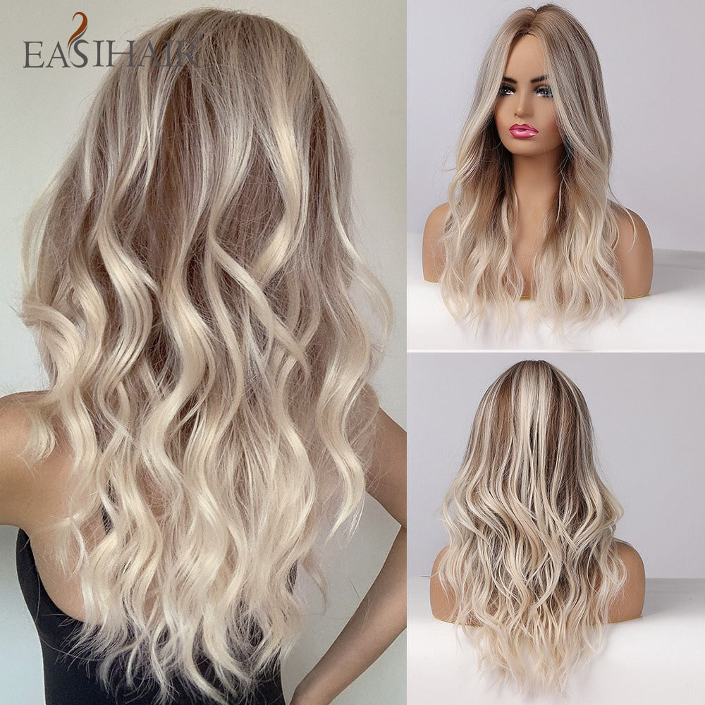 Ombre Brown Light Blonde Platinum Long Wavy Middle Part Hair Wig Cosplay Natural Heat Resistant Synthetic Wig for Women The Clothing Company Sydney