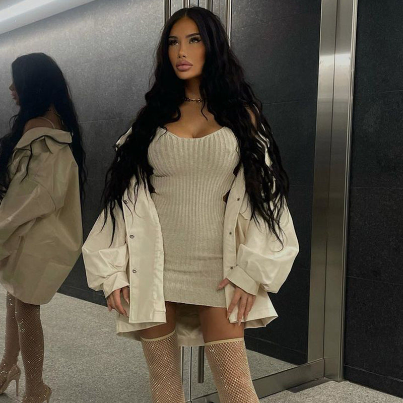 2 Piece Set Cut Out Long Sleeve Knit Dresses for Women Street Fashion Clubwear Bodycon Mini Dress The Clothing Company Sydney