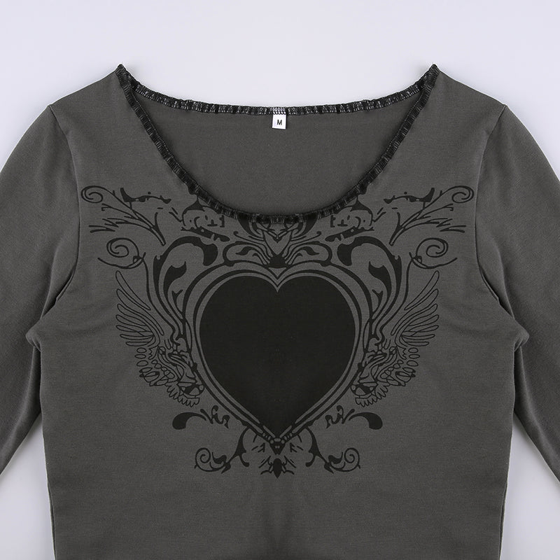 Grunge Retro Fashion Heart Printed Autumn T-shirts for Women Crop Top Dark Academia Gothic Clothes Aesthetic T shirt The Clothing Company Sydney