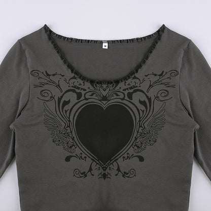 Grunge Retro Fashion Heart Printed Autumn T-shirts for Women Crop Top Dark Academia Gothic Clothes Aesthetic T shirt The Clothing Company Sydney