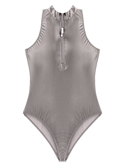 Women's Bodysuit Glossy Sleeveless Bodysuit Jumpsuit Solid Color Double Zipper Front Leotard High Cut Clubwear Nightwear The Clothing Company Sydney