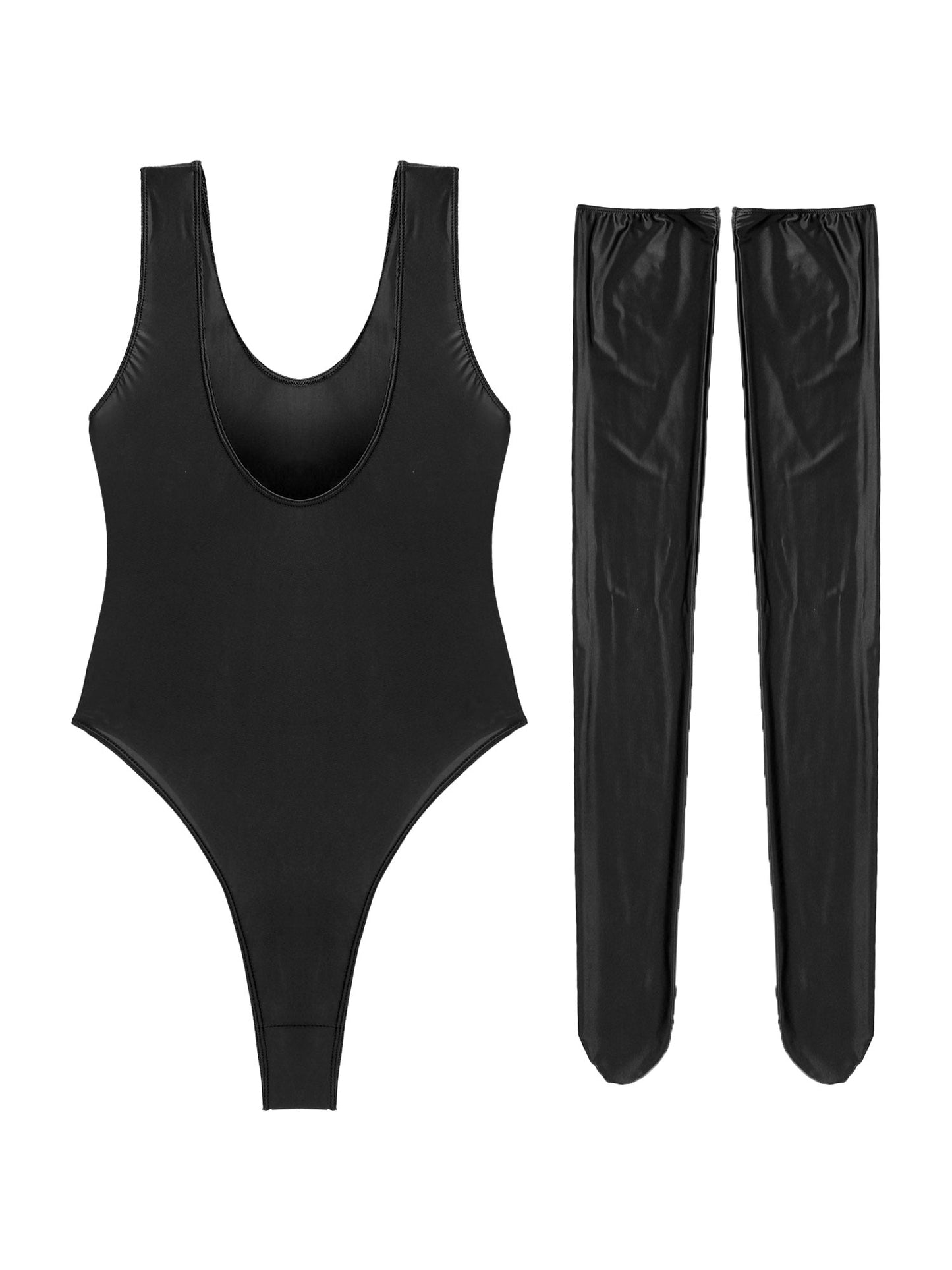 Women's Glossy Stretchy Swimming Suit Swimwear Swimsuit Sleeveless High Cut Slim Fit Bodysuit with Stocking Outfits Clubwear The Clothing Company Sydney