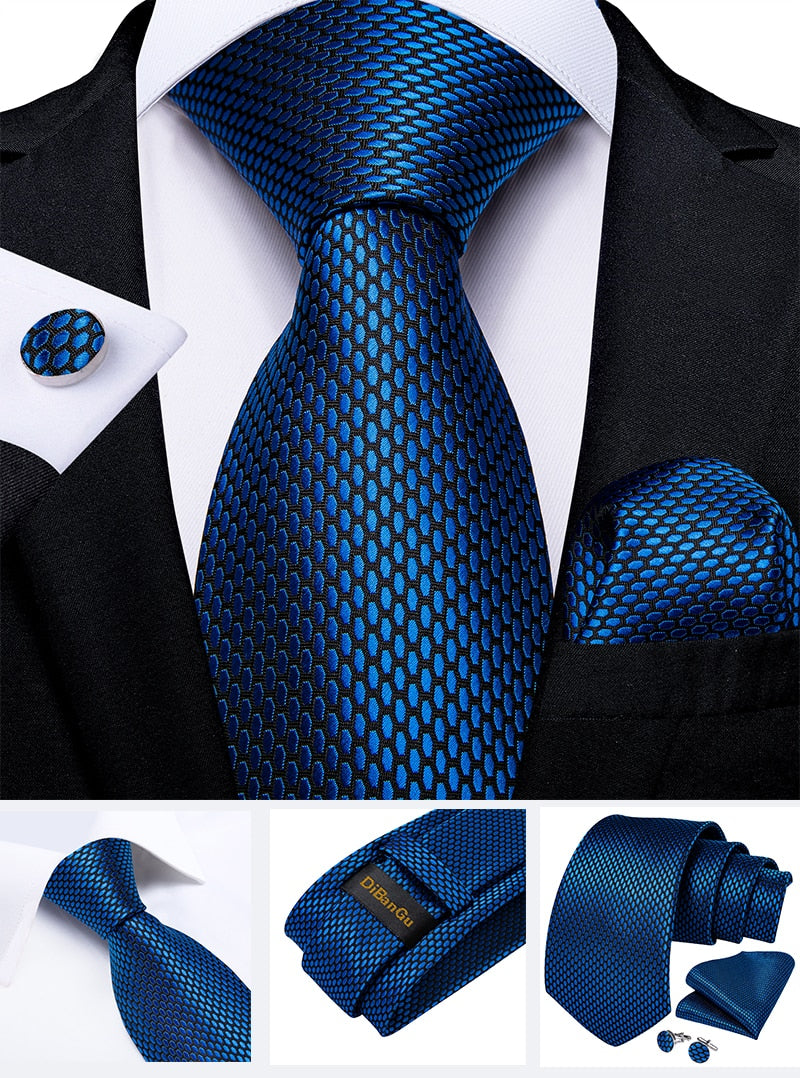 Classic 100% Silk Men's Ties 8cm Blue Plaid Dot Striped Business Necktie Handkerchief Wedding Party Tie Set The Clothing Company Sydney