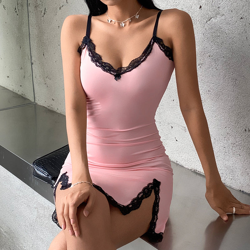 Lace Patchwork Pink Strap Bow Bodycon Summer Dresses Mini Side Split Sundress The Clothing Company Sydney