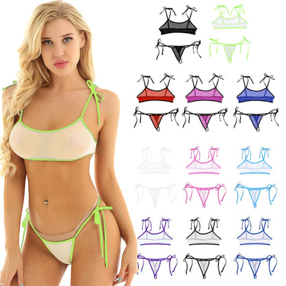 2 Piece Micro Bikinis Swimsuit Mini Swimwear Mesh See Through Sheer Bathing Suit Self-tie Bra Top with G-String Thong Bikini The Clothing Company Sydney