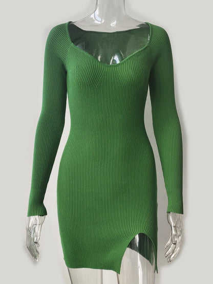 Green Long Sleeve Knitted Dress Elegant Sweetheart Neck Party Autumn Winter Bodycon Sweater Dress The Clothing Company Sydney