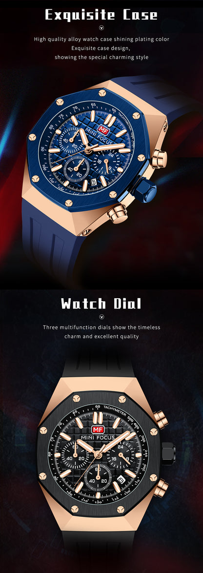 MINI FOCUS Polygon Design Alloy Quartz Wristwatch Luxury Brand Watch Men's High Quality Silicone Chronograph Sports Watch Clothing Company Sydney