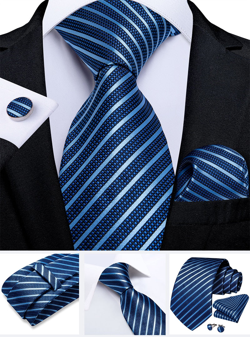 Classic 100% Silk Men's Ties 8cm Blue Plaid Dot Striped Business Necktie Handkerchief Wedding Party Tie Set The Clothing Company Sydney