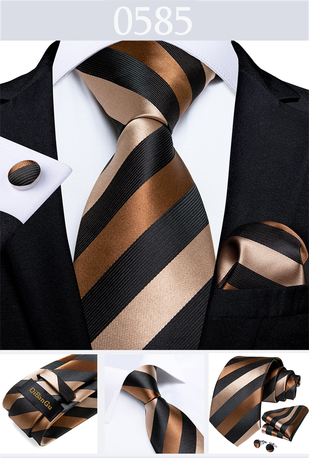 3 Piece Designer Men's Wedding Tie Gold Black Striped Silk Neck Ties For Men Hanky Cufflinks Set Business Party Wear The Clothing Company Sydney