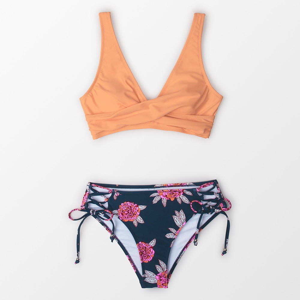 Yellow And Lemon Print Mid-Waist Bikini Sets Swimsuit Lace Up Two Pieces Swimwear Beach Bathing Suits The Clothing Company Sydney
