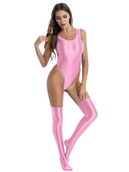 Women's Glossy Stretchy Swimming Suit Swimwear Swimsuit Sleeveless High Cut Slim Fit Bodysuit with Stocking Outfits Clubwear The Clothing Company Sydney