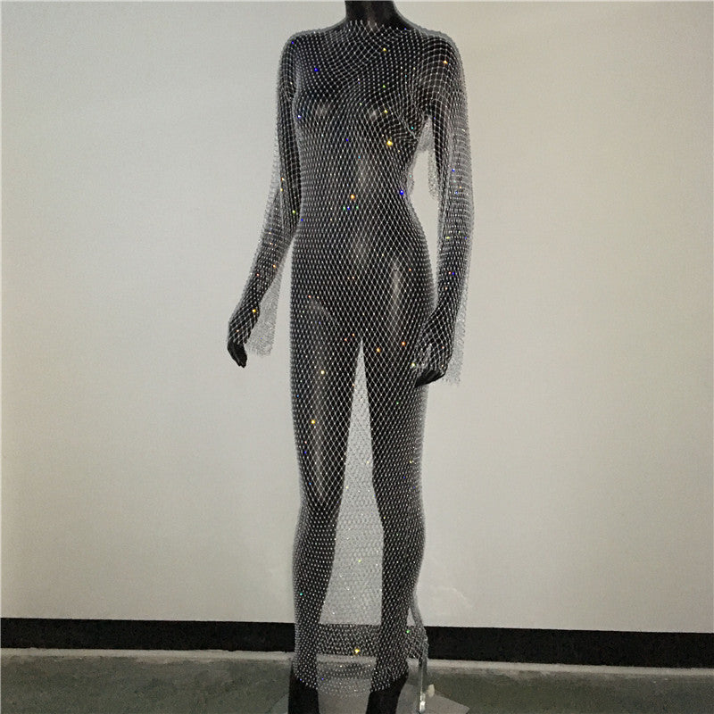 Shiny Rhinestones Grid Long Dress See Through Long Sleeves Fishnet Side Slit Long Dresses Chic Summer Beach Cover Up The Clothing Company Sydney