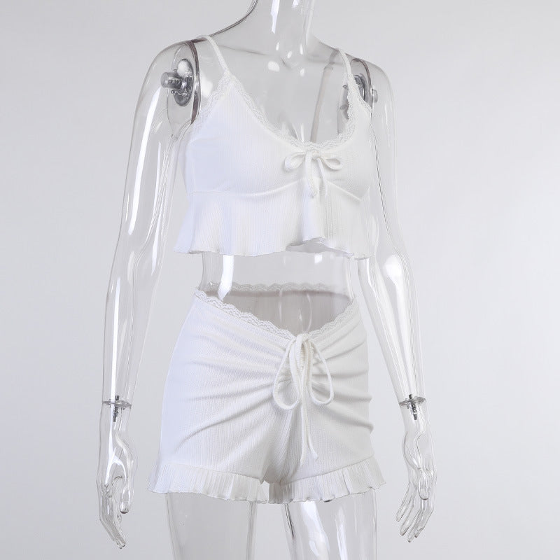 Summer Lace Suits Fashion Solid Tracksuit V-neck Costume Two Pieces (Tops+Shorts) Outwear Sets The Clothing Company Sydney