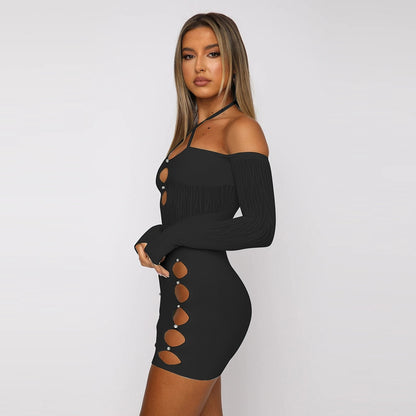 Halter Neck Off Shoulder Cut Out Bodycon Mini Dress Women Long Sleeve Backless Flocking Goth Black Dresses The Clothing Company Sydney