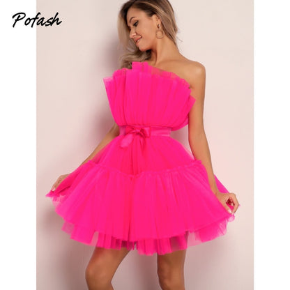 Mesh Solid Bow Mini Dress Women Layered Strapless Ball Gown Sexy Party Club Dress Backless Summer Dress The Clothing Company Sydney