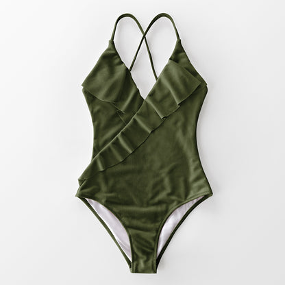 Solid One-piece Swimsuit Falbala V neck Ruffle Monokini  Beach Bathing Suit Swimwear The Clothing Company Sydney