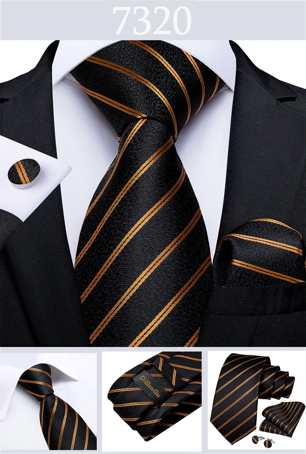 3 Piece Designer Men's Wedding Tie Gold Black Striped Silk Neck Ties For Men Hanky Cufflinks Set Business Party Wear The Clothing Company Sydney