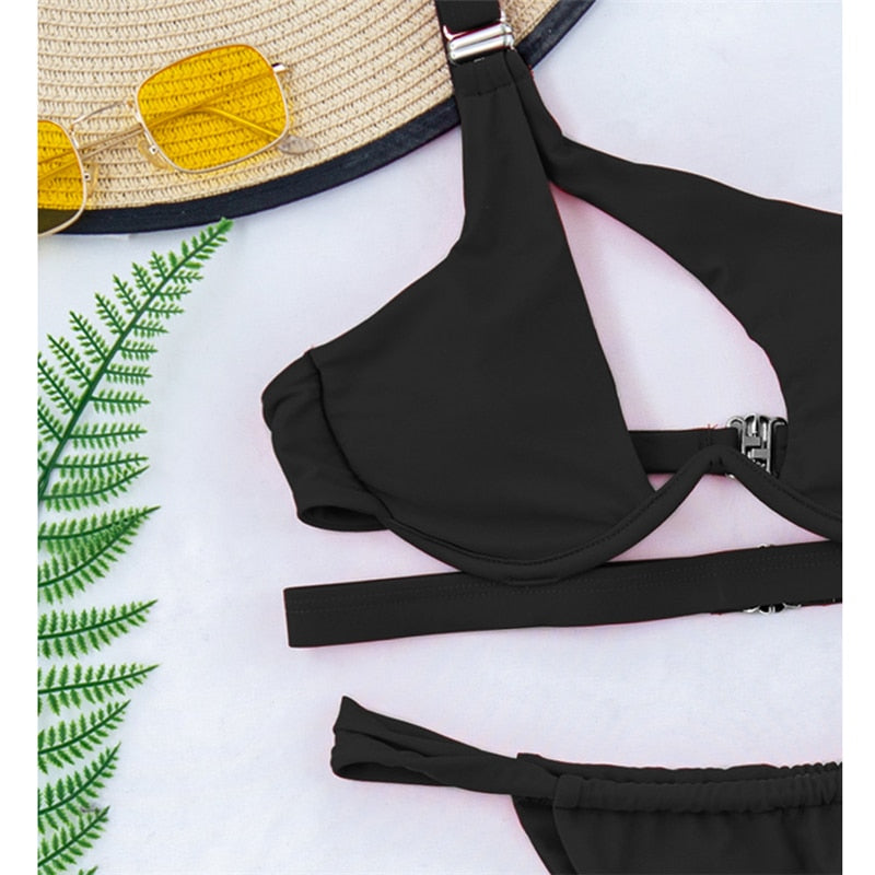 Hollow Out Swimwear Push Up Bikini One Shoulder Solid Thong Swimsuit 2 Piece Micro Bather Suit The Clothing Company Sydney