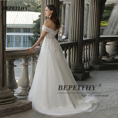 Off The Shoulder Ivory Boho Wedding Dresses A Line Chic Beading Lace UK Bride Bridal Gown The Clothing Company Sydney