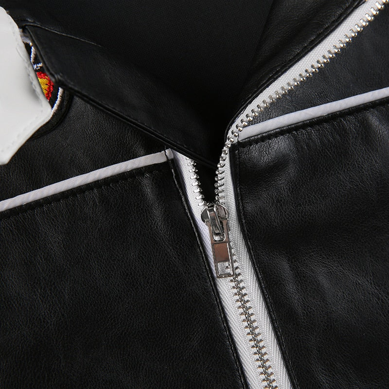 Streetwear Punk Style Patchwork Cropped PU Leather Jacket Women Zipper Autumn Winter Jacket Contrast Color Basic Coat The Clothing Company Sydney