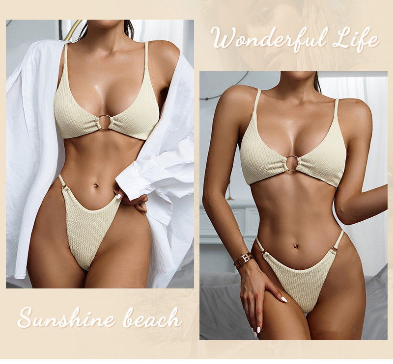High Cut Rib Swimwear Solid Beachwear Bathing Suits Rings Bikini Sets Hollow Out Swimsuit The Clothing Company Sydney