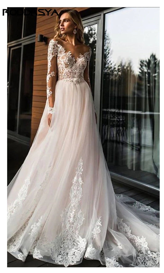A-Line Wedding Dress Scoop Long Sleeves Lace Appliques Tulle Boho Wedding Gowns Train Vestido De Novia The Clothing Company Sydney