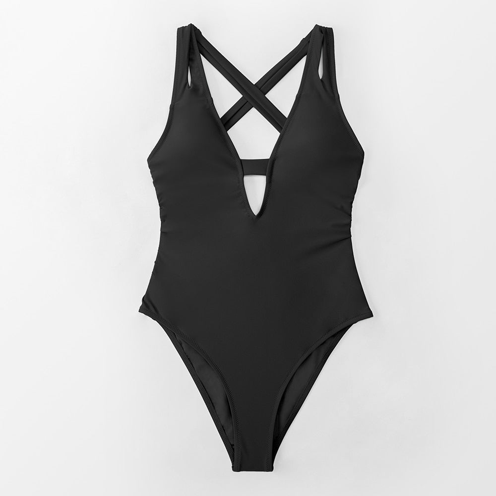 Solid Dark Blue Cross Deep V-neck One-piece Swimsuit Backless Monokini X-back Bathing Suit Swimwear The Clothing Company Sydney