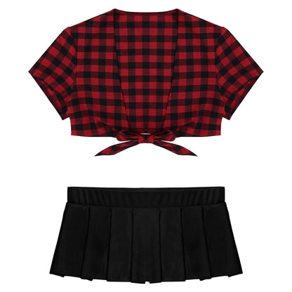 Adult's Cosplay Students Uniform Schoolgirl Costume Outfit Short Sleeve Night Clubwear Deep V Crop Top Pleated Mini Skirt The Clothing Company Sydney