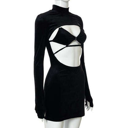 Two Piece Set Women Turtleneck Cut Out Long Sleeve Split Mini Dress+Bandage Lace Up Bra Autumn Goth Y2K Outfit The Clothing Company Sydney