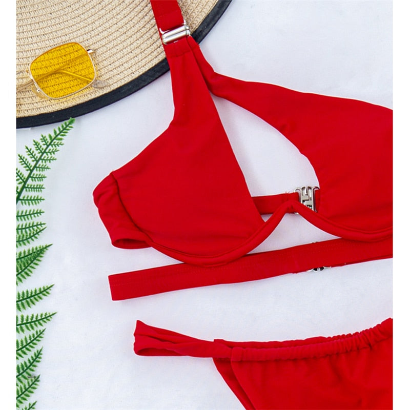 Hollow Out Swimwear Push Up Bikini One Shoulder Solid Thong Swimsuit 2 Piece Micro Bather Suit The Clothing Company Sydney