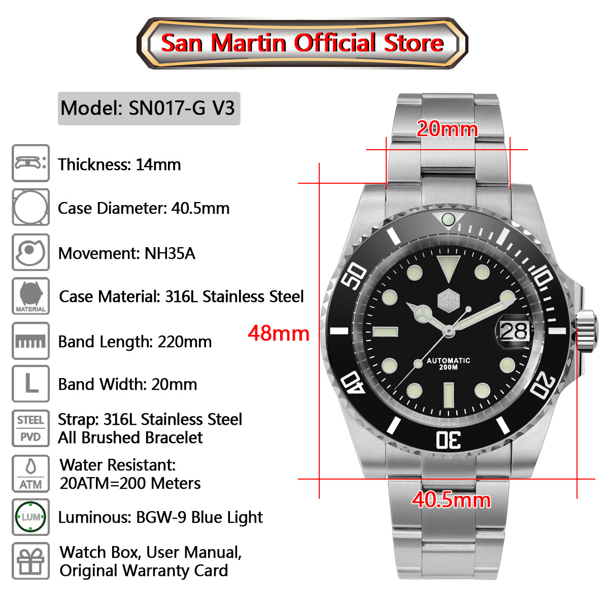 San Martin 40.5mm Water Ghost V3 Sub Diver Luxury Men's NH35 Automatic Mechanical Business Wristwatches Sapphire 20Bar Watch The Clothing Company Sydney