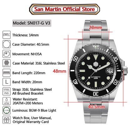 San Martin 40.5mm Water Ghost V3 Sub Diver Luxury Men's NH35 Automatic Mechanical Business Wristwatches Sapphire 20Bar Watch The Clothing Company Sydney