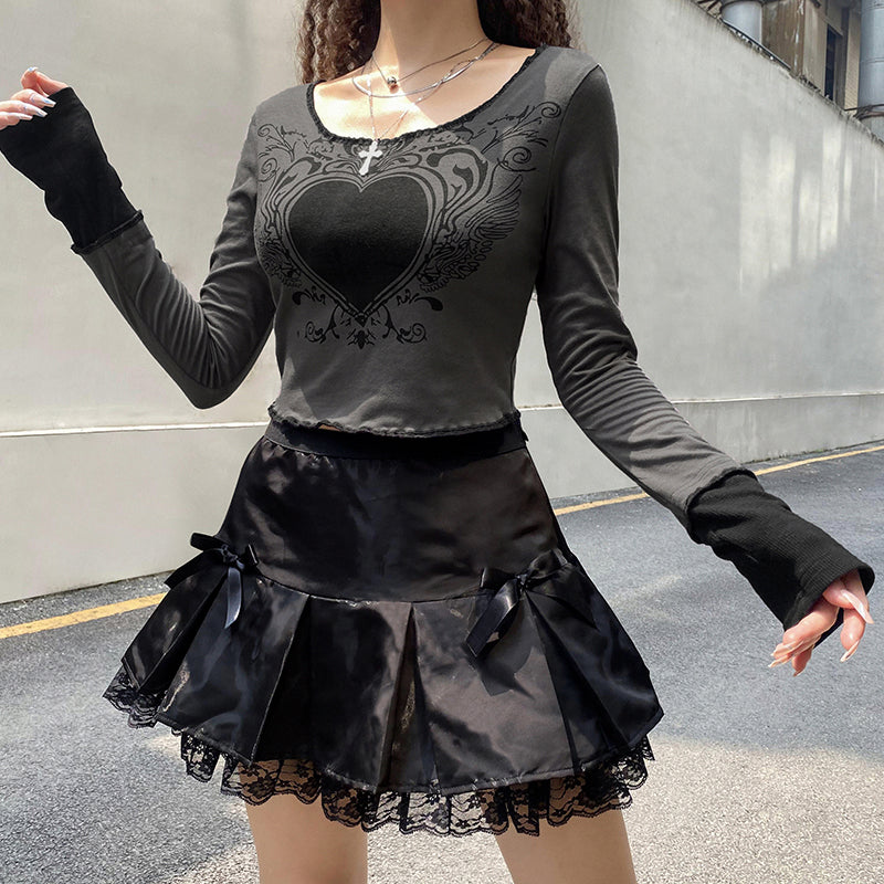 Grunge Retro Fashion Heart Printed Autumn T-shirts for Women Crop Top Dark Academia Gothic Clothes Aesthetic T shirt The Clothing Company Sydney