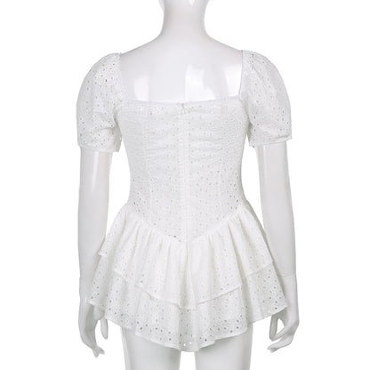 Hook Flower Mini Deep V Neck Vintage Puff Sleeve Short Summer Dress Boho Beach Sundress The Clothing Company Sydney