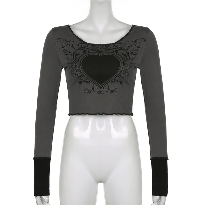 Grunge Retro Fashion Heart Printed Autumn T-shirts for Women Crop Top Dark Academia Gothic Clothes Aesthetic T shirt The Clothing Company Sydney