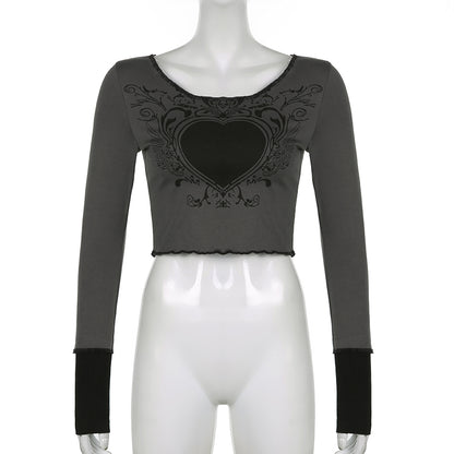 Grunge Retro Fashion Heart Printed Autumn T-shirts for Women Crop Top Dark Academia Gothic Clothes Aesthetic T shirt The Clothing Company Sydney