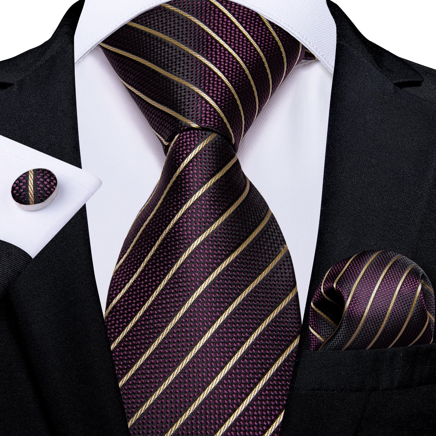 3 Piece Designer Men's Wedding Tie Gold Black Striped Silk Neck Ties For Men Hanky Cufflinks Set Business Party Wear The Clothing Company Sydney