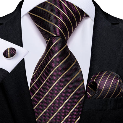 3 Piece Designer Men's Wedding Tie Gold Black Striped Silk Neck Ties For Men Hanky Cufflinks Set Business Party Wear The Clothing Company Sydney