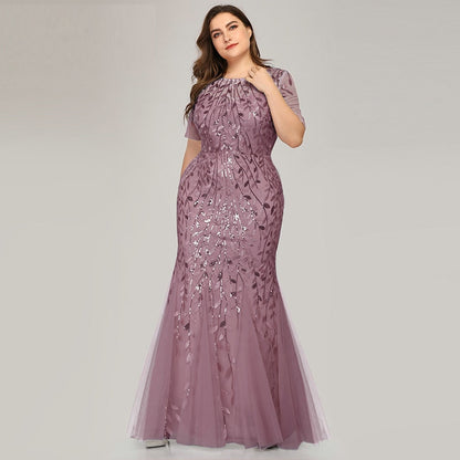 Plus Size Sequin Mesh Mermaid Slim Evening Beaded Leaves Pattern Formal Elegant Party Prom Gowns Short Sleeve Dress The Clothing Company Sydney