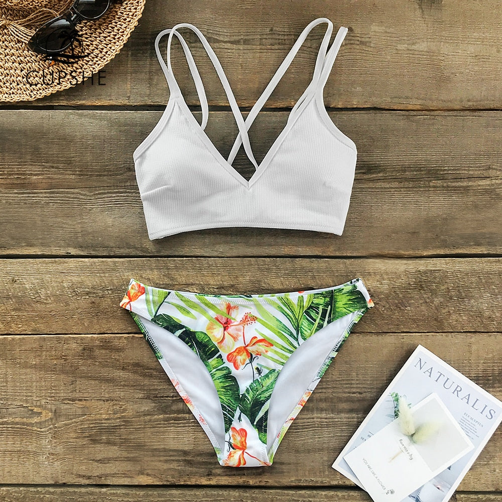 White and Green Leaf Print Low-waist Bikini Sets Lace Up Swimsuit Two Piece Swimwear Beach Bathing Suit The Clothing Company Sydney