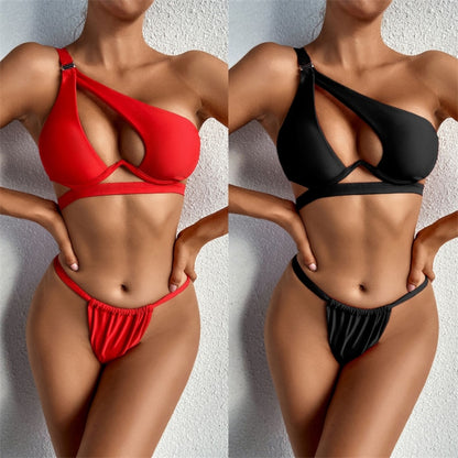 Hollow Out Swimwear Push Up Bikini One Shoulder Solid Thong Swimsuit 2 Piece Micro Bather Suit The Clothing Company Sydney