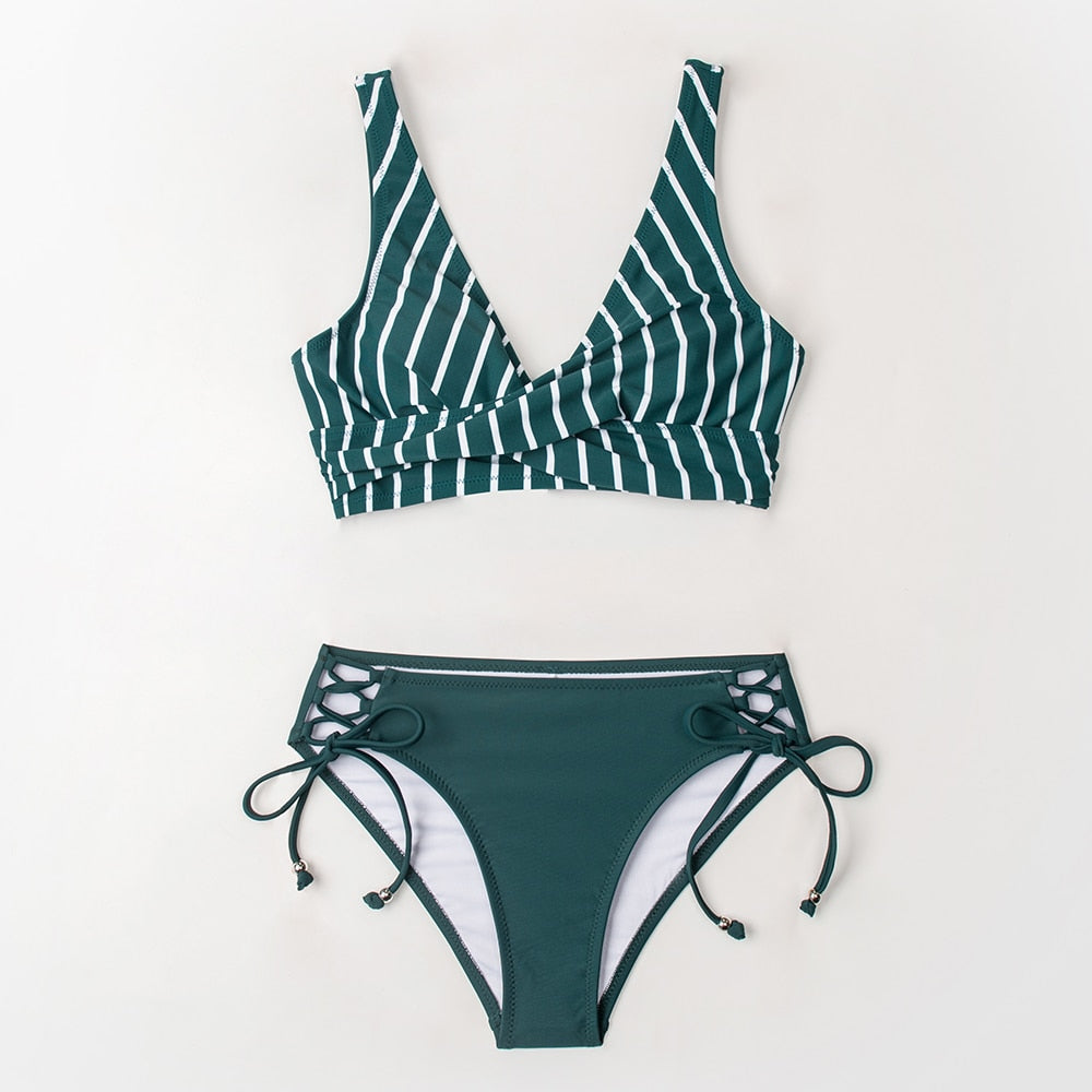 Yellow And Lemon Print Mid-Waist Bikini Sets Swimsuit Lace Up Two Pieces Swimwear Beach Bathing Suits The Clothing Company Sydney