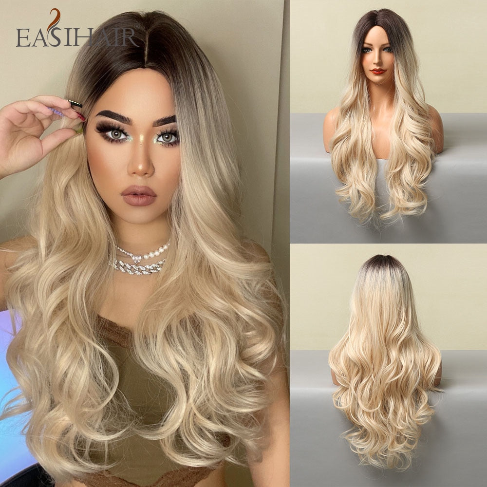 Ombre Brown Light Blonde Platinum Long Wavy Middle Part Hair Wig Cosplay Natural Heat Resistant Synthetic Wig for Women The Clothing Company Sydney