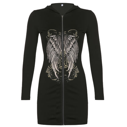 Gothic Grunge Fairycore Wings Printed Graphic Zipper Hooded Bodycon Dark Academia Autumn Mini Dresses Y2K Dress The Clothing Company Sydney